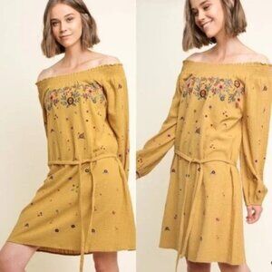 UMGEE Size S Embroidered Floral Smocked Off The Should Long Sleeve Mini Dress